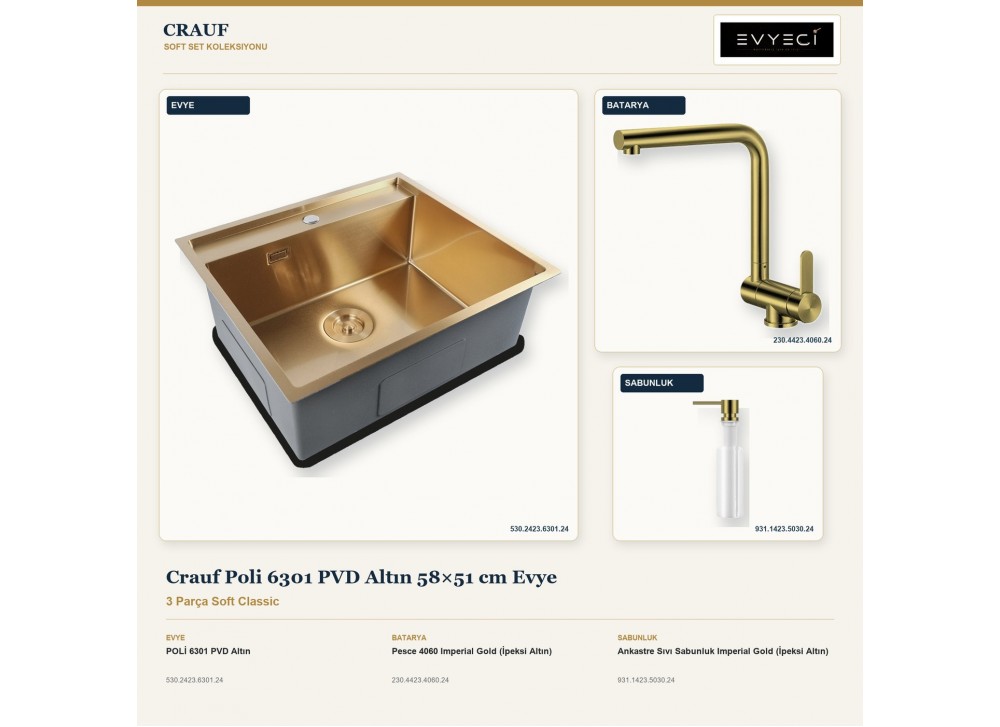 Crauf Poli 6301 PVD Altın 58×51 cm Evye + Pesce 4060 Batarya + Aynı Renk Sabunluk | 3 Parça Soft Classic Crauf Poli 6301 PVD Altın 58×51 cm Evye + Pesce 4060 Batarya + Aynı Renk Sabunluk | 3 Parça Soft Classic