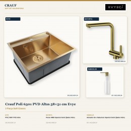 Crauf Poli 6301 PVD Altın 58×51 cm Evye + Pesce 4060 Batarya + Aynı Renk Sabunluk | 3 Parça Soft Classic