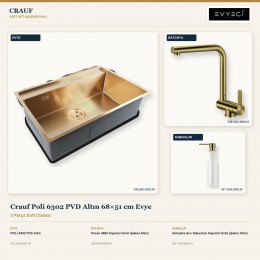 Crauf Poli 6302 PVD Altın 68×51 cm Evye + Pesce 4060 Batarya + Aynı Renk Sabunluk | 3 Parça Soft Classic