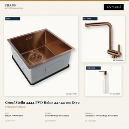 Crauf Stella 4444 PVD Bakır 44×44 cm Evye + Pesce 4060 Batarya + Aynı Renk Sabunluk | 3 Parça Soft Classic
