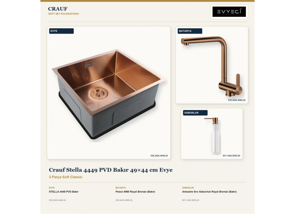 Crauf Stella 4449 PVD Bakır 49×44 cm Evye + Pesce 4060 Batarya + Aynı Renk Sabunluk | 3 Parça Soft Classic Crauf Stella 4449 PVD Bakır 49×44 cm Evye + Pesce 4060 Batarya + Aynı Renk Sabunluk | 3 Parça Soft Classic