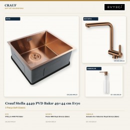 Crauf Stella 4449 PVD Bakır 49×44 cm Evye + Pesce 4060 Batarya + Aynı Renk Sabunluk | 3 Parça Soft Classic