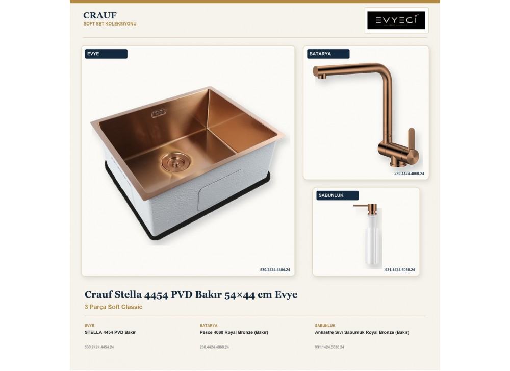Crauf Stella 4454 PVD Bakır 54×44 cm Evye + Pesce 4060 Batarya + Aynı Renk Sabunluk | 3 Parça Soft Classic