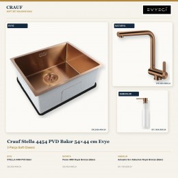 Crauf Stella 4454 PVD Bakır 54×44 cm Evye + Pesce 4060 Batarya + Aynı Renk Sabunluk | 3 Parça Soft Classic