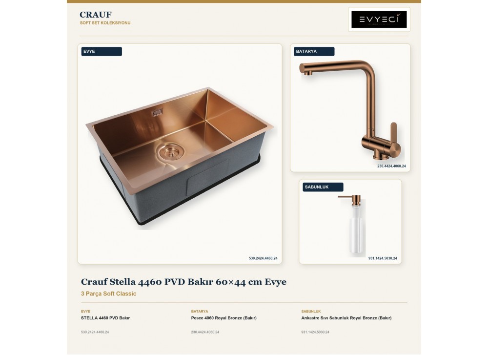 Crauf Stella 4460 PVD Bakır 60×44 cm Evye + Pesce 4060 Batarya + Aynı Renk Sabunluk | 3 Parça Soft Classic Crauf Stella 4460 PVD Bakır 60×44 cm Evye + Pesce 4060 Batarya + Aynı Renk Sabunluk | 3 Parça Soft Classic