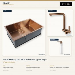 Crauf Stella 4460 PVD Bakır 60×44 cm Evye + Pesce 4060 Batarya + Aynı Renk Sabunluk | 3 Parça Soft Classic