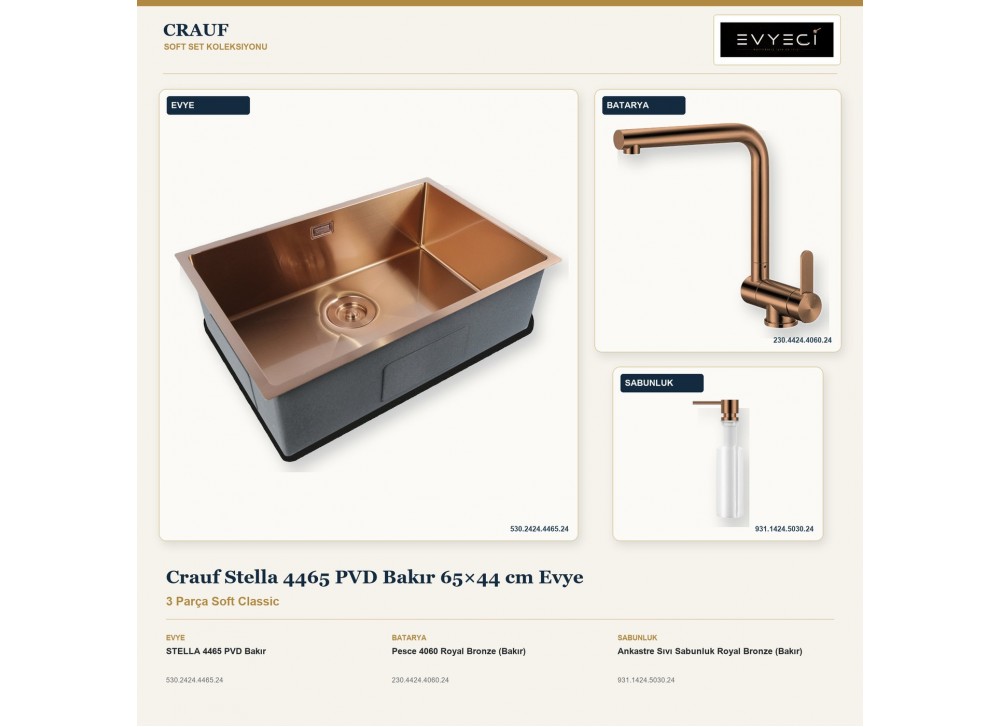 Crauf Stella 4465 PVD Bakır 65×44 cm Evye + Pesce 4060 Batarya + Aynı Renk Sabunluk | 3 Parça Soft Classic Crauf Stella 4465 PVD Bakır 65×44 cm Evye + Pesce 4060 Batarya + Aynı Renk Sabunluk | 3 Parça Soft Classic