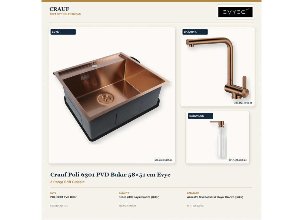 Crauf Poli 6301 PVD Bakır 58×51 cm Evye + Pesce 4060 Batarya + Aynı Renk Sabunluk | 3 Parça Soft Classic