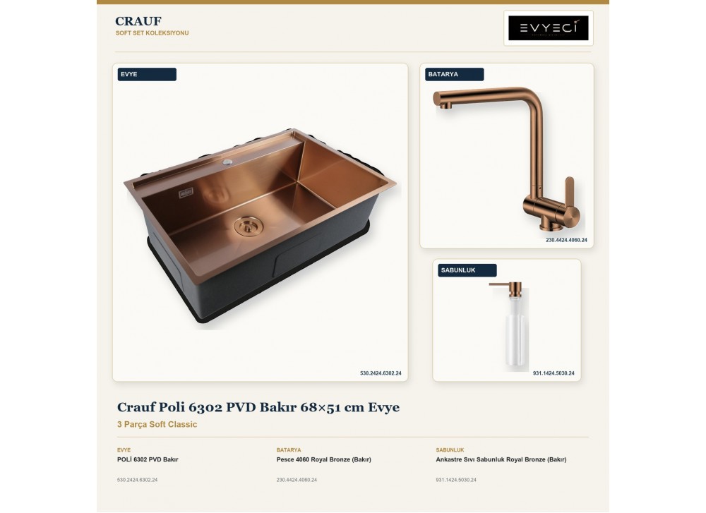 Crauf Poli 6302 PVD Bakır 68×51 cm Evye + Pesce 4060 Batarya + Aynı Renk Sabunluk | 3 Parça Soft Classic Crauf Poli 6302 PVD Bakır 68×51 cm Evye + Pesce 4060 Batarya + Aynı Renk Sabunluk | 3 Parça Soft Classic