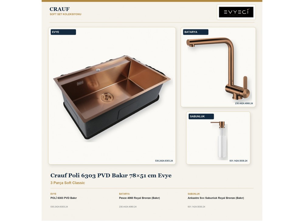 Crauf Poli 6303 PVD Bakır 78×51 cm Evye + Pesce 4060 Batarya + Aynı Renk Sabunluk | 3 Parça Soft Classic Crauf Poli 6303 PVD Bakır 78×51 cm Evye + Pesce 4060 Batarya + Aynı Renk Sabunluk | 3 Parça Soft Classic