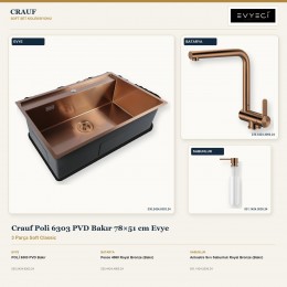 Crauf Poli 6303 PVD Bakır 78×51 cm Evye + Pesce 4060 Batarya + Aynı Renk Sabunluk | 3 Parça Soft Classic