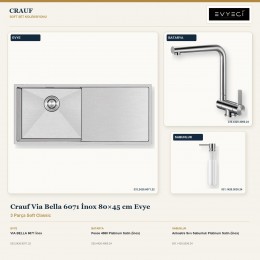 Crauf Via Bella 6071 İnox 80×45 cm Evye + Pesce 4060 Batarya + Aynı Renk Sabunluk | 3 Parça Soft Classic