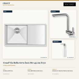 Crauf Via Bella 6072 İnox 86×45 cm Evye + Pesce 4060 Batarya + Aynı Renk Sabunluk | 3 Parça Soft Classic