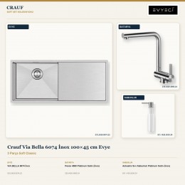 Crauf Via Bella 6074 İnox 100×45 cm Evye + Pesce 4060 Batarya + Aynı Renk Sabunluk | 3 Parça Soft Classic