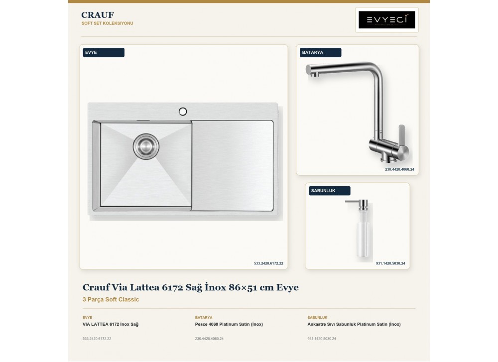 Crauf Via Lattea 6172 Sağ İnox 86×51 cm Evye + Pesce 4060 Batarya + Aynı Renk Sabunluk | 3 Parça Soft Classic