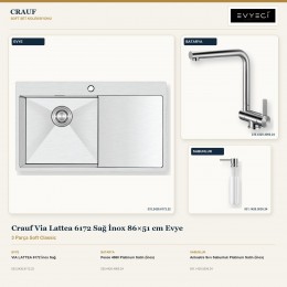 Crauf Via Lattea 6172 Sağ İnox 86×51 cm Evye + Pesce 4060 Batarya + Aynı Renk Sabunluk | 3 Parça Soft Classic