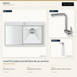 Crauf Via Lattea 6172 Sol İnox 86×51 cm Evye + Pesce 4060 Batarya + Aynı Renk Sabunluk | 3 Parça Soft Classic