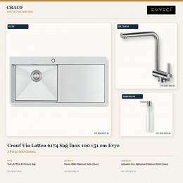Crauf Via Lattea 6174 Sağ İnox 100×51 cm Evye + Pesce 4060 Batarya + Aynı Renk Sabunluk | 3 Parça Soft Classic