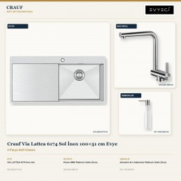 Crauf Via Lattea 6174 Sol İnox 100×51 cm Evye + Pesce 4060 Batarya + Aynı Renk Sabunluk | 3 Parça Soft Classic