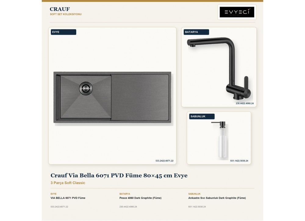 Crauf Via Bella 6071 PVD Füme 80×45 cm Evye + Pesce 4060 Batarya + Aynı Renk Sabunluk | 3 Parça Soft Classic Crauf Via Bella 6071 PVD Füme 80×45 cm Evye + Pesce 4060 Batarya + Aynı Renk Sabunluk | 3 Parça Soft Classic