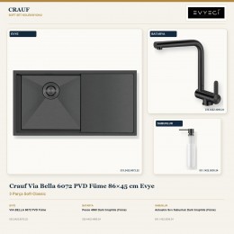 Crauf Via Bella 6072 PVD Füme 86×45 cm Evye + Pesce 4060 Batarya + Aynı Renk Sabunluk | 3 Parça Soft Classic