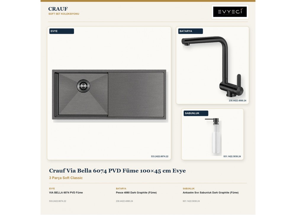 Crauf Via Bella 6074 PVD Füme 100×45 cm Evye + Pesce 4060 Batarya + Aynı Renk Sabunluk | 3 Parça Soft Classic Crauf Via Bella 6074 PVD Füme 100×45 cm Evye + Pesce 4060 Batarya + Aynı Renk Sabunluk | 3 Parça Soft Classic