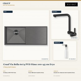 Crauf Via Bella 6074 PVD Füme 100×45 cm Evye + Pesce 4060 Batarya + Aynı Renk Sabunluk | 3 Parça Soft Classic