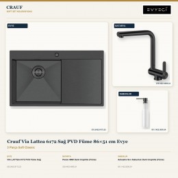 Crauf Via Lattea 6172 Sağ PVD Füme 86×51 cm Evye + Pesce 4060 Batarya + Aynı Renk Sabunluk | 3 Parça Soft Classic