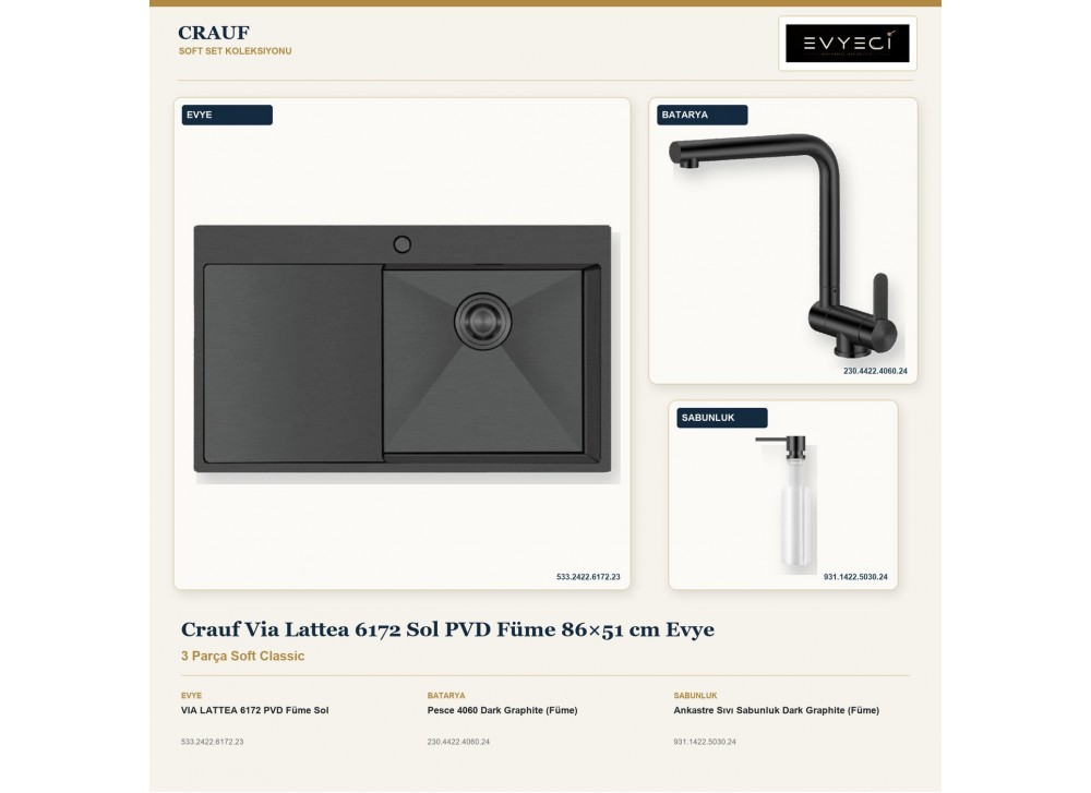 Crauf Via Lattea 6172 Sol PVD Füme 86×51 cm Evye + Pesce 4060 Batarya + Aynı Renk Sabunluk | 3 Parça Soft Classic