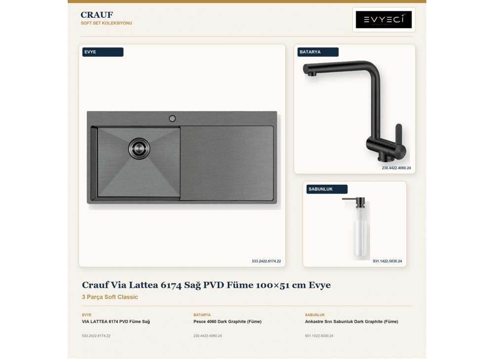 Crauf Via Lattea 6174 Sağ PVD Füme 100×51 cm Evye + Pesce 4060 Batarya + Aynı Renk Sabunluk | 3 Parça Soft Classic Crauf Via Lattea 6174 Sağ PVD Füme 100×51 cm Evye + Pesce 4060 Batarya + Aynı Renk Sabunluk | 3 Parça Soft Classic