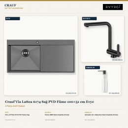 Crauf Via Lattea 6174 Sağ PVD Füme 100×51 cm Evye + Pesce 4060 Batarya + Aynı Renk Sabunluk | 3 Parça Soft Classic