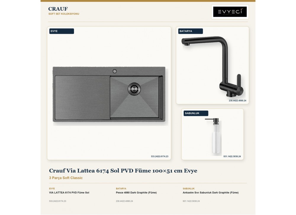 Crauf Via Lattea 6174 Sol PVD Füme 100×51 cm Evye + Pesce 4060 Batarya + Aynı Renk Sabunluk | 3 Parça Soft Classic Crauf Via Lattea 6174 Sol PVD Füme 100×51 cm Evye + Pesce 4060 Batarya + Aynı Renk Sabunluk | 3 Parça Soft Classic