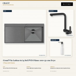 Crauf Via Lattea 6174 Sol PVD Füme 100×51 cm Evye + Pesce 4060 Batarya + Aynı Renk Sabunluk | 3 Parça Soft Classic