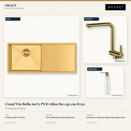 Crauf Via Bella 6071 PVD Altın 80×45 cm Evye + Pesce 4060 Batarya + Aynı Renk Sabunluk | 3 Parça Soft Classic