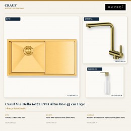 Crauf Via Bella 6072 PVD Altın 86×45 cm Evye + Pesce 4060 Batarya + Aynı Renk Sabunluk | 3 Parça Soft Classic