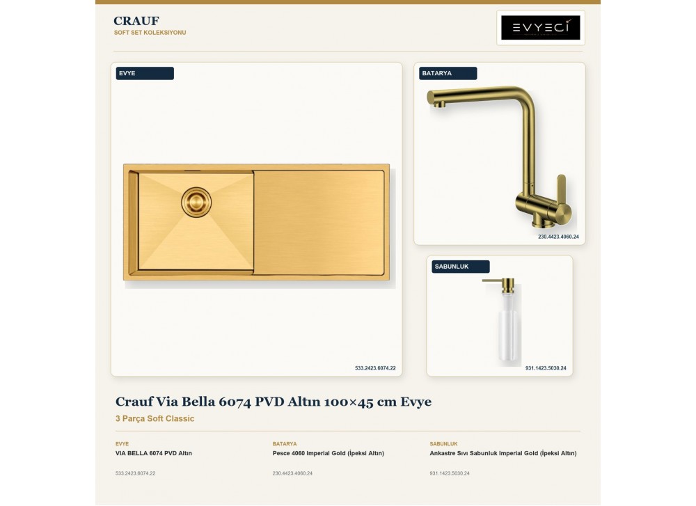 Crauf Via Bella 6074 PVD Altın 100×45 cm Evye + Pesce 4060 Batarya + Aynı Renk Sabunluk | 3 Parça Soft Classic Crauf Via Bella 6074 PVD Altın 100×45 cm Evye + Pesce 4060 Batarya + Aynı Renk Sabunluk | 3 Parça Soft Classic
