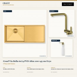 Crauf Via Bella 6074 PVD Altın 100×45 cm Evye + Pesce 4060 Batarya + Aynı Renk Sabunluk | 3 Parça Soft Classic