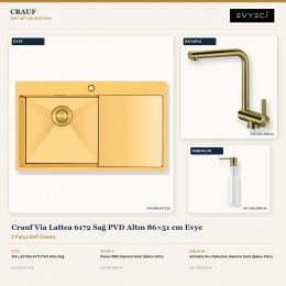Crauf Via Lattea 6172 Sağ PVD Altın 86×51 cm Evye + Pesce 4060 Batarya + Aynı Renk Sabunluk | 3 Parça Soft Classic