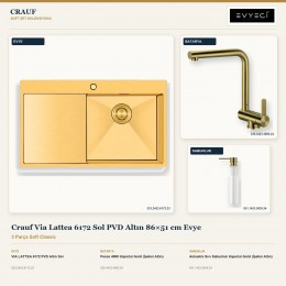 Crauf Via Lattea 6172 Sol PVD Altın 86×51 cm Evye + Pesce 4060 Batarya + Aynı Renk Sabunluk | 3 Parça Soft Classic