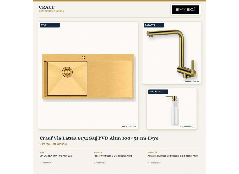 Crauf Via Lattea 6174 Sağ PVD Altın 100×51 cm Evye + Pesce 4060 Batarya + Aynı Renk Sabunluk | 3 Parça Soft Classic Crauf Via Lattea 6174 Sağ PVD Altın 100×51 cm Evye + Pesce 4060 Batarya + Aynı Renk Sabunluk | 3 Parça Soft Classic