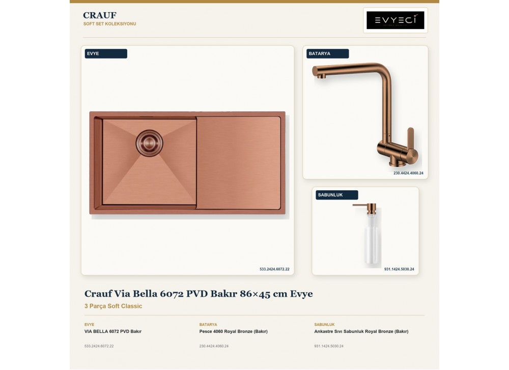 Crauf Via Bella 6072 PVD Bakır 86×45 cm Evye + Pesce 4060 Batarya + Aynı Renk Sabunluk | 3 Parça Soft Classic Crauf Via Bella 6072 PVD Bakır 86×45 cm Evye + Pesce 4060 Batarya + Aynı Renk Sabunluk | 3 Parça Soft Classic