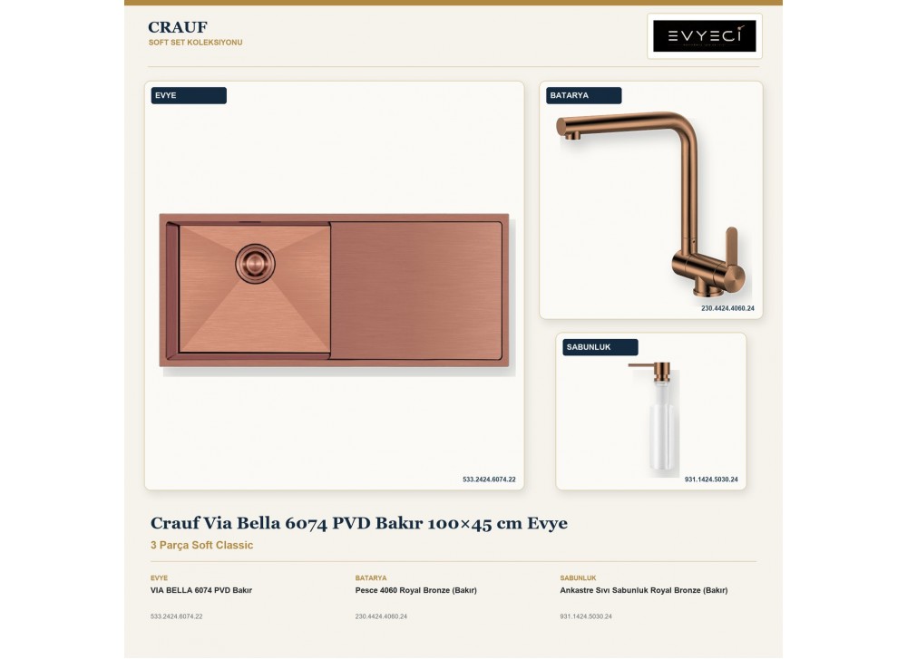Crauf Via Bella 6074 PVD Bakır 100×45 cm Evye + Pesce 4060 Batarya + Aynı Renk Sabunluk | 3 Parça Soft Classic Crauf Via Bella 6074 PVD Bakır 100×45 cm Evye + Pesce 4060 Batarya + Aynı Renk Sabunluk | 3 Parça Soft Classic