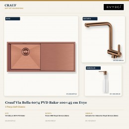 Crauf Via Bella 6074 PVD Bakır 100×45 cm Evye + Pesce 4060 Batarya + Aynı Renk Sabunluk | 3 Parça Soft Classic