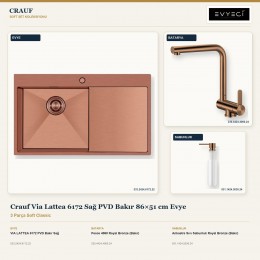 Crauf Via Lattea 6172 Sağ PVD Bakır 86×51 cm Evye + Pesce 4060 Batarya + Aynı Renk Sabunluk | 3 Parça Soft Classic