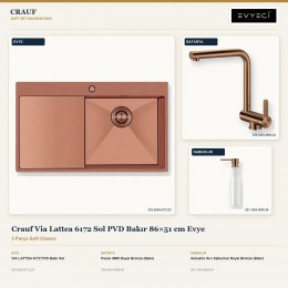 Crauf Via Lattea 6172 Sol PVD Bakır 86×51 cm Evye + Pesce 4060 Batarya + Aynı Renk Sabunluk | 3 Parça Soft Classic