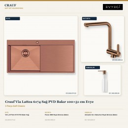 Crauf Via Lattea 6174 Sağ PVD Bakır 100×51 cm Evye + Pesce 4060 Batarya + Aynı Renk Sabunluk | 3 Parça Soft Classic
