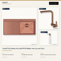 Crauf Via Lattea 6174 Sol PVD Bakır 100×51 cm Evye + Pesce 4060 Batarya + Aynı Renk Sabunluk | 3 Parça Soft Classic