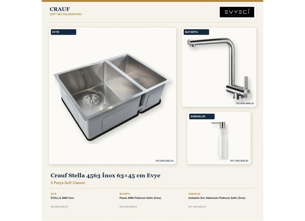 Crauf Stella 4563 İnox 63×45 cm Evye + Pesce 4060 Batarya + Aynı Renk Sabunluk | 3 Parça Soft Classic Crauf Stella 4563 İnox 63×45 cm Evye + Pesce 4060 Batarya + Aynı Renk Sabunluk | 3 Parça Soft Classic
