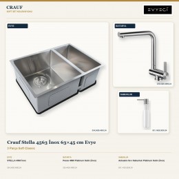 Crauf Stella 4563 İnox 63×45 cm Evye + Pesce 4060 Batarya + Aynı Renk Sabunluk | 3 Parça Soft Classic