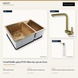 Crauf Stella 4563 PVD Altın 63×45 cm Evye + Pesce 4060 Batarya + Aynı Renk Sabunluk | 3 Parça Soft Classic